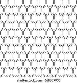 Repeated black interlocking broken hexagons contours on white background. Seamless surface pattern design with bee combs. Hexagonal grid. Honeycomb wallpaper. Three pronged star blocks. Angle brackets