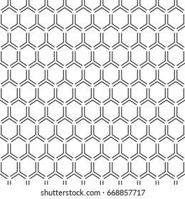 Repeated black interlocking broken hexagons contours on white background. Seamless surface pattern design with bee combs. Hexagonal grid. Honeycomb wallpaper. Three pronged star blocks. Angle brackets