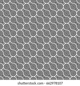 Repeated black interlocking figures tessellation on white background. Rounded blocks wallpaper. Seamless surface pattern design with pavers. Mosaic motif. Digital paper with dumbbell shapes. Vector.