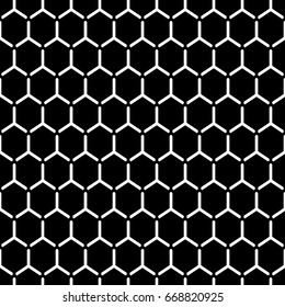 Repeated black interlocking regular hexagons tessellation background. Seamless surface pattern design with bee combs. Hexagonal grid motif. Honeycomb wallpaper. White three pronged blocks. Vector art.