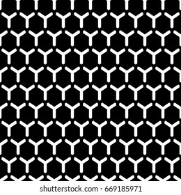 Repeated black interlocking regular hexagons tessellation background. Seamless surface pattern design with bee combs. Hexagonal grid motif. Honeycomb wallpaper. White three pronged blocks. Vector art.