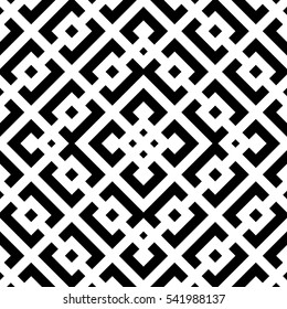 Repeated black rhombuses and brackets on white background. Embroidery ornament motif. Symmetric geometric surface pattern design wallpaper. Digital paper for textile print, web designing. Vector art