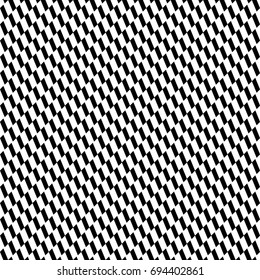 Repeated black slanted mini strokes on white background. Seamless surface pattern design with polygons ornament. Quadrangular blocks wallpaper. Diagonal dashes motif. Print paper. Checkered vector.
