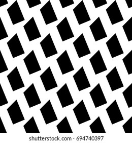 Repeated black slanted shapes on white background. Seamless surface pattern design with polygons ornament. Quadrangular blocks wallpaper. Jagged checks motif. Digital paper, print. Checkered vector.