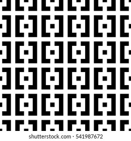 Repeated black squares and brackets on white background. Checks motif. Symmetric geometric surface pattern design wallpaper. Digital paper for textile print, web designing. Vector art illustration