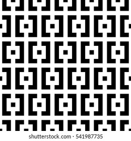 Repeated black squares and brackets on white background. Checks motif. Symmetric geometric surface pattern design wallpaper. Digital paper for textile print, web designing. Vector art illustration