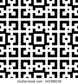 Repeated black squares and brackets on white background. Embroidery ornament motif. Symmetric geometric surface pattern design wallpaper. Digital paper for textile print, web designing. Vector art