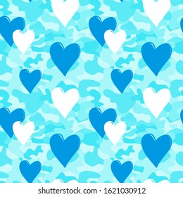 Repeated blue camouflage and hearts. Cute romantic seamless pattern for girls, women, ladies, grandmothers. Vector illustration for apparel fashion, tee, t-shirt, greeting card, home decor, wrapping