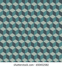 Repeated blue color cubes background. Geometric shapes wallpaper. Seamless surface pattern design with polygons. Cubic motif. Digital paper, page fills, textile print. Vector art