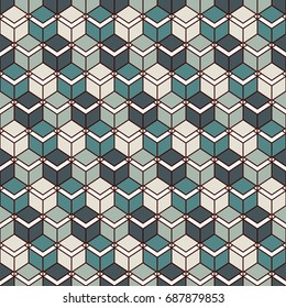 Repeated blue color cubes background. Geometric shapes wallpaper. Seamless surface pattern design with polygons. Cubic motif. Digital paper, page fills, textile print. Vector art