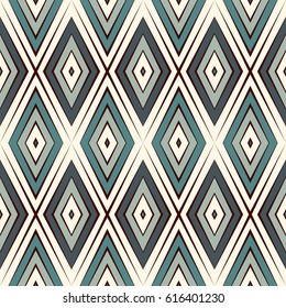 Repeated blue diamonds background. Geometric motif. Seamless surface pattern design with retro colors rhombuses ornament. Grid digital paper, textile print, web designing. Vector art.