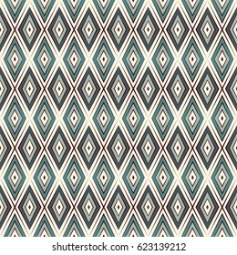 Repeated blue diamonds background. Geometric motif. Seamless surface pattern design with retro colors rhombuses ornament. Grid digital paper, textile print, web designing. Vector art.