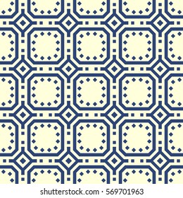 Repeated blue figures on white background. Ethnic wallpaper. Seamless surface pattern design with symmetrical rhombuses, squares and other polygons ornament. Embroidery motif. Digital paper. Vector.