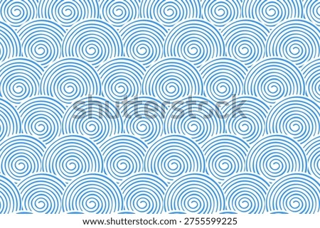 Repeated blue spiral shapes on white background. Sea or ocean waves pattern. Scalloped water or cloud print in oriental style. Abstract minimalist Asian ornament. Vector graphic illustration.