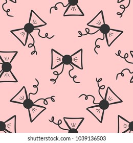 Repeated bows drawn by hand. Cute girly seamless pattern. Sketch, doodle. Endless vector illustration.