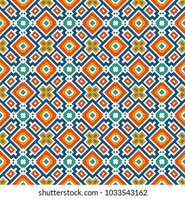 Repeated bright diamonds background. Geometric motif. Seamless surface pattern design with vivid colors square ornament. Ethnic style digital paper, textile print, web designing. Vector art.