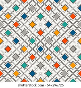 Repeated bright diamonds background. Geometric motif. Seamless surface pattern design with vivid colors square ornament. Grid digital paper, textile print, web designing. Vector art.