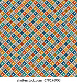 Repeated bright diamonds background. Geometric motif. Seamless surface pattern design with vivid colors square ornament. Grid digital paper, textile print, web designing. Vector art.