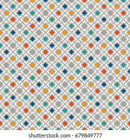 Repeated bright diamonds background. Geometric motif. Seamless surface pattern design with vivid colors square ornament. Grid digital paper, textile print, web designing. Vector art.