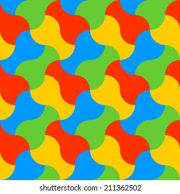 Repeated bright tri-color geometric pattern in the form of a pitcher.