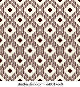 Repeated brown diamonds and hatch lines. Ikat wallpaper. Seamless surface pattern with native design. Ethnic ornamental motif. Digital paper, page fills, textile print. Vector art
