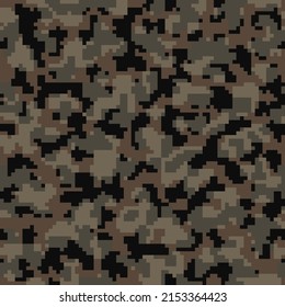 Repeated Brown Grunge Vector Soldier Backdrop.  Dark Seamless Abstract Geometric Commando Wallpaper. Black Repeated War Pixel Army Texture. Khaki Graphic Camo Design. 