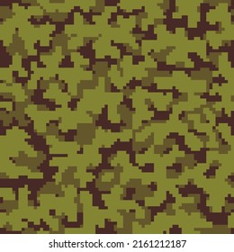 Repeated Brown Modern Pixel Commando Art.  Khaki Seamless Fashion Digital Combat Texture. Desert Seamless Grunge Geometric Military Design. Green Graphic Camo Pattern. 