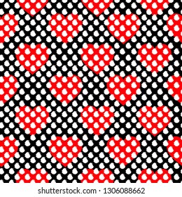 Repeated  brush polka dots on top with red hearts in layering. Cute romantic seamless pattern. Endless vector illustration design for fashion ,fabric,web, wallpaper and all prints on black