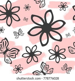 Repeated brush strokes, outlines of flowers and butterflies. Cute seamless pattern. Grunge, sketch, watercolour. White, pink, black. Girly vector illustration.