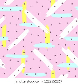 Repeated brush strokes and round spots. Abstract colour seamless pattern for children. Sketch, watercolor, paint. Colorful print. Vector illustration. Purple, blue, yellow, white. 