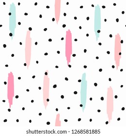 Repeated brush strokes and round spots. Abstract seamless pattern. Paint, sketch, watercolor. Simple vector illustration.