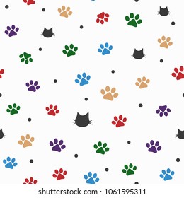 Repeated cat heads, colorful paw prints and round dots. Cute seamless pattern. Vector illustration. White, black, brown, blue, red, green, purple.