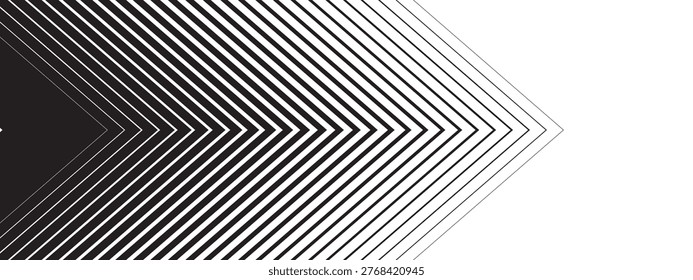 Repeated chevron shaped arrows with different thickness and vanishing effect. Forward, fast, speed or motion background. Abstract striped geometric print. Vector graphic illustration.