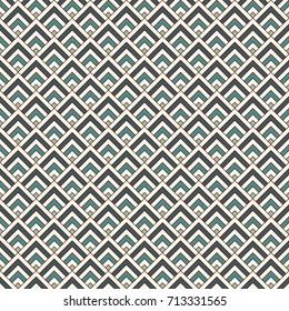 Repeated chevrons abstract wallpaper. Asian traditional ornament with scallops. Mountain stamp motif. Seamless surface pattern with scales. Modern japanese style digital paper, textile print. Vector