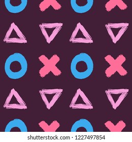 Repeated circles, crosses and triangles drawn by hand with rough brush. Geometric seamless pattern for children. Grunge, watercolor, sketch. Vector illustration. Purple, pink, blue.