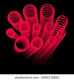 Wiederholte Kreise auf der Reduktion sind schlauchförmig angeordnet. Der Pfad der rosa Ringe in einem schwarzen Hintergrund. Bright Ring isolierte Vektorillustration. Wiederholte Ringe bilden eine Linie