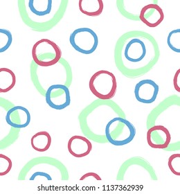 Repeated circles painted with rough brush. Simple geometric seamless pattern. Grunge, sketch, watercolor. Trend print for children. Vector illustration.