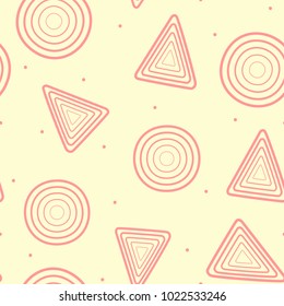 Repeated circles and triangles drawn by hand. Simple geometric seamless pattern. Endless vector illustration.