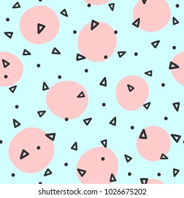 Repeated circles and triangles drawn by hand. Geometric seamless pattern. Sketch, doodle, scribble. Endless vector illustration for children.