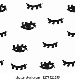 Repeated closed and open eyes drawn by hand with a rough brush. Simple seamless pattern. Sketch, grunge, watercolour, paint. Monochrome vector illustration.