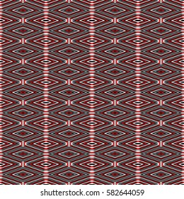Repeated color figures and lines on white background. Diamonds wallpaper. Seamless surface pattern design with rhombuses and strokes. Lozenge motif. Digital paper for textile print. Vector art.