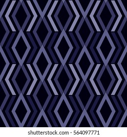 Repeated color figures on black background. Ethnic wallpaper. Seamless surface pattern design with rhombuses and lines ornament. Diamonds motif. Digital paper for textile print, web designing. Vector