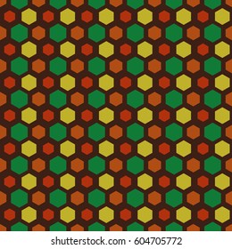 Repeated color figures on brown background. Stylized honeycomb wallpaper. Seamless surface pattern design with hexagons. Mosaic motif. Digital paper for page fills, web designing, textile print.