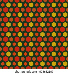 Repeated color figures on green background. Stylized honeycomb wallpaper. Seamless surface pattern design with hexagons. Mosaic motif. Digital paper for page fills, web designing, textile print.