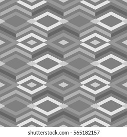Repeated color figures on grey background. Ethnic wallpaper. Seamless surface pattern design with rhombuses and lines ornament. Diamonds motif. Digital paper for textile print, web designing. Vector.