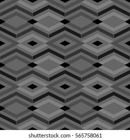 Repeated color figures on grey background. Ethnic wallpaper. Seamless surface pattern design with rhombuses and lines ornament. Diamonds motif. Digital paper for textile print, web designing. Vector.