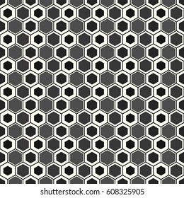 Repeated color figures on white background. Stylized honeycomb wallpaper. Seamless surface pattern design with hexagons. Mosaic motif. Digital paper for page fills, web designing, textile print.