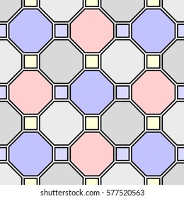 Repeated color geometric figures with black outlines. Tiles wallpaper. Surface pattern design with regular octagons and squares. Diamonds motif. Digital paper for textile print, web designing. Vector.