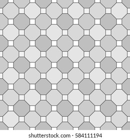 Repeated color geometric figures with grey outlines. Tiles wallpaper. Seamless surface pattern design with regular octagons and squares. Diamonds motif. Digital paper for textile print, web designing.