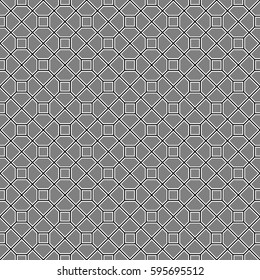 Repeated color polygons on black background. Symmetric geometric figures wallpaper. Seamless surface pattern design with pentagons and squares. Tiles motif. Digital paper for textile print. Vector art